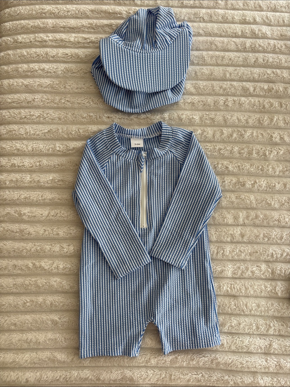 Striped Blue Baby Romper bathing suit with Matching Hat